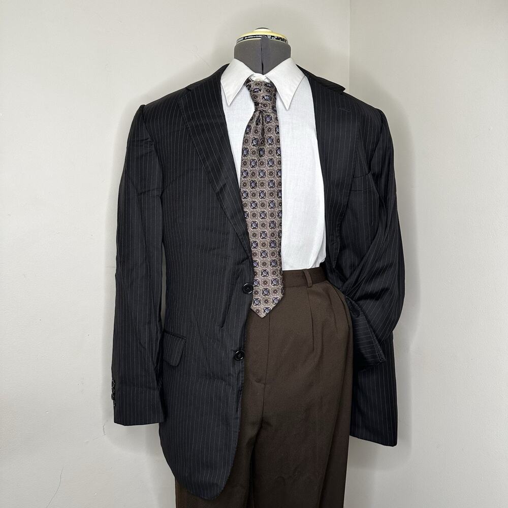 Jos A Bank Mens 42L Blazer Black Striped Wool 2 Button XL Sport Coat Suit Jacket